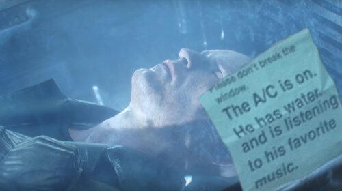 Tank Dempsey from call of duty: zombies is in a cryo-chamber. There is a paper taped to the glass reading: "Please don't break the window. The A/C is on. He has water, and is listening to his favorite music."